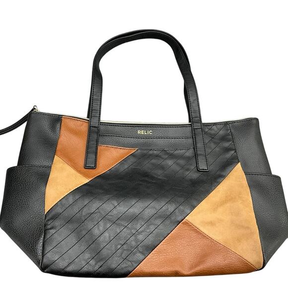 Relic Black Tan Pebbled Patchwork Faux Leather Boho Western Tote Purse - Picture 1 of 15